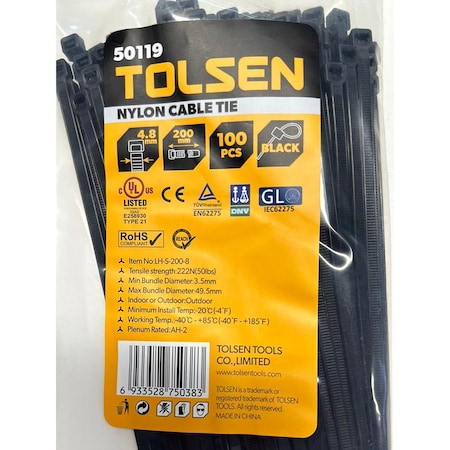 Tolsen Cable Tie, 8 in L, 49.5 mm Max Bundle Dia., Black, Nylon 6/6, 50 lb Strength, 100 PK 50119
